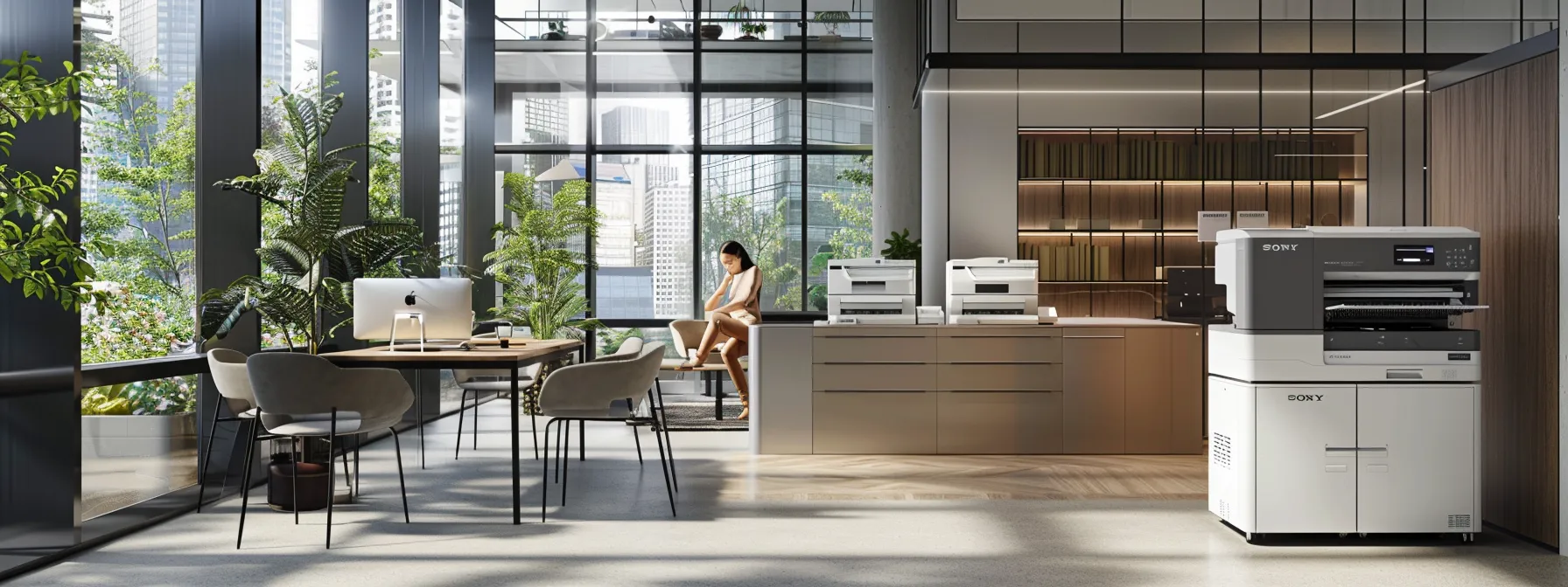 a modern office with sleek, efficient printers humming away, surrounded by professionals focused on their work, showcasing the cost-saving benefits of managed print services.