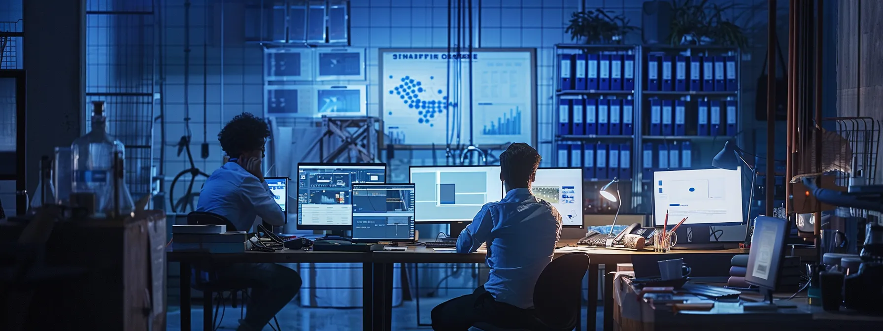 a team of experts analyzing a high-tech print infrastructure setup, utilizing data analytics to identify cost-saving opportunities.
