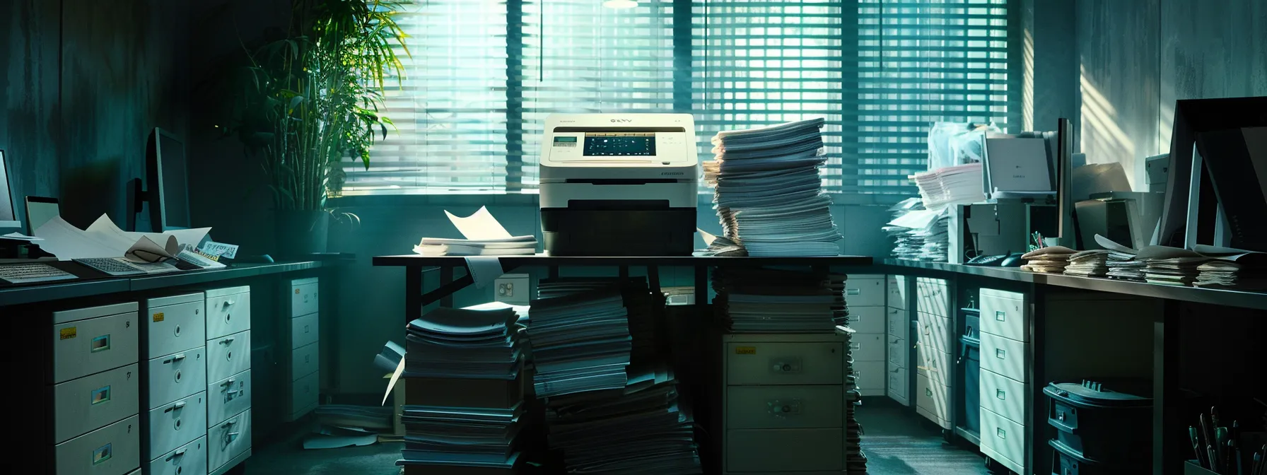 an office printer surrounded by stacks of unused paper and empty ink cartridges, highlighting the inefficiencies and hidden costs of traditional printing methods.
