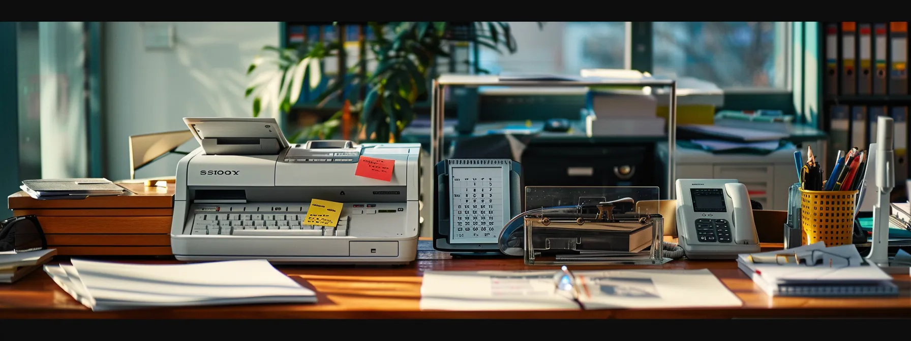 a busy office desk with a xerox printer model number written on a sticky note, a phone off the hook ready to call the repair service, and a calendar marked with an appointment for repair.