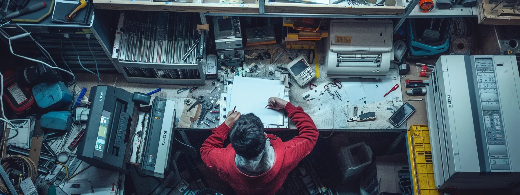 a technician examining a disassembled photocopier, surrounded by a variety of tools and diagnostic equipment on a cluttered workbench.
