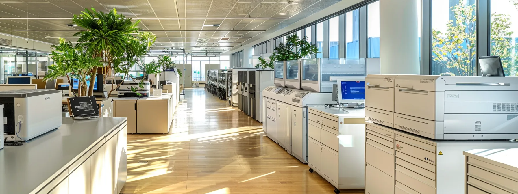 Enhancing Eco-Friendly Printing Through Managed Print Services 12 a modern office with sleek, energy-efficient printers in operation, with a central print station showcasing eco-friendly printing practices and commitment to sustainability.