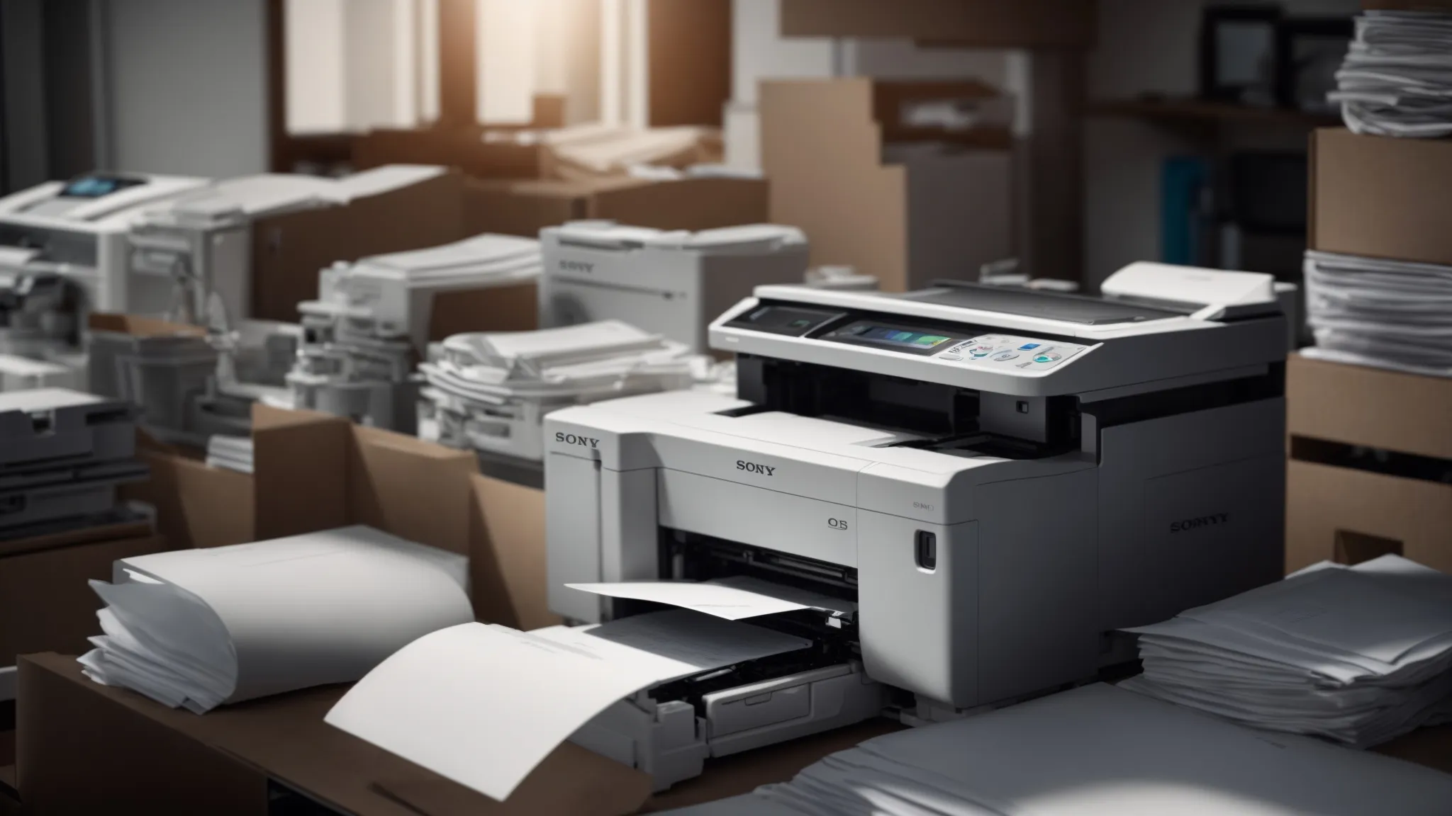 Comprehensive Guide to Photocopier Repair Service Costs 12 a sleek, modern photocopier sitting next to a pile of repair bills, illustrating the decision between costly repairs and a new purchase.