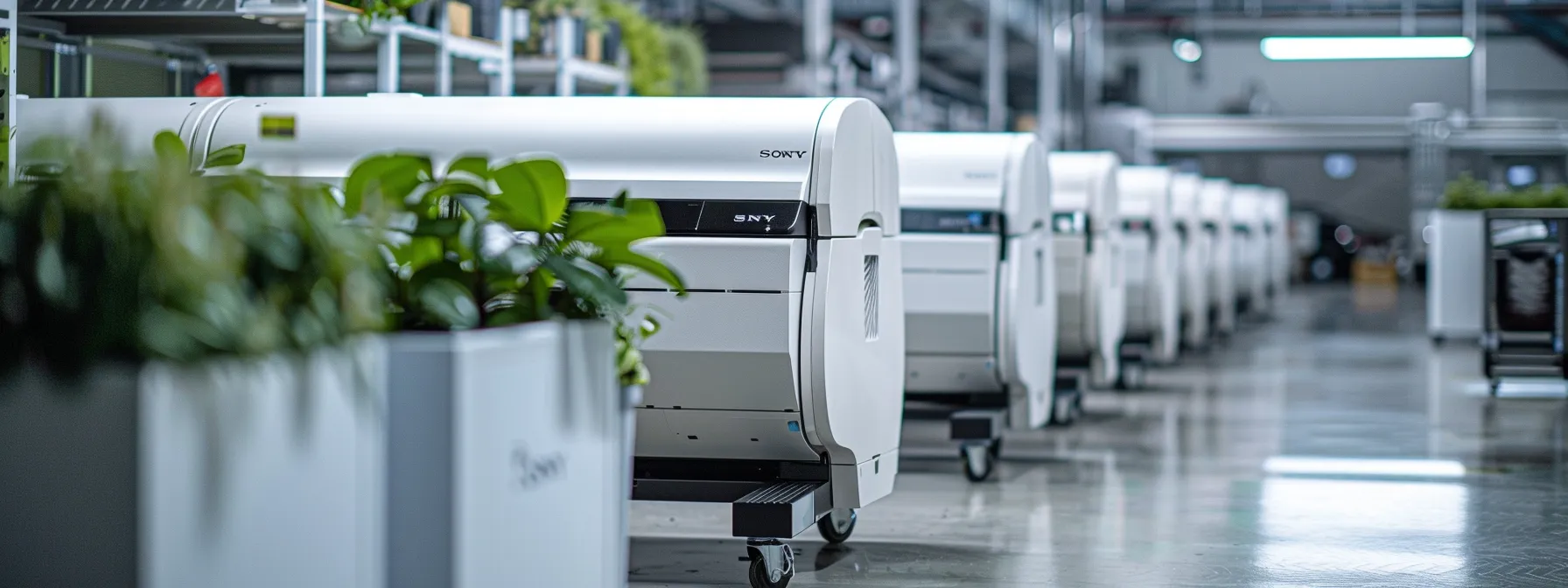 Eco-Friendly Large Format Printers: Brand Comparison Guide 12 a lineup of eco-friendly large format printers showcasing their energy efficiency, sustainable materials, emission levels, and cost efficiency, with customer support and warranty services highlighted in the background.