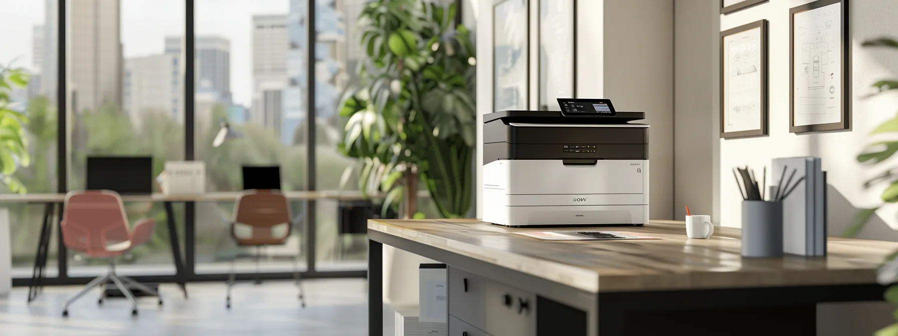a sleek, modern office printer system with cloud-based access, remote monitoring, and automated supply replenishment, showcasing advanced print management tools in action.