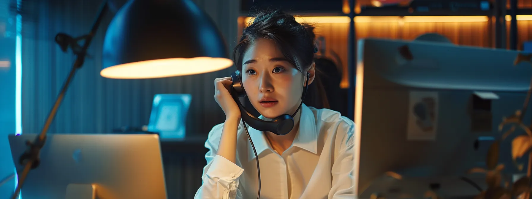 a small business owner sitting at a desk, surrounded by modern technology like a computer and phone, while talking on a sleek landline phone with a confident expression.