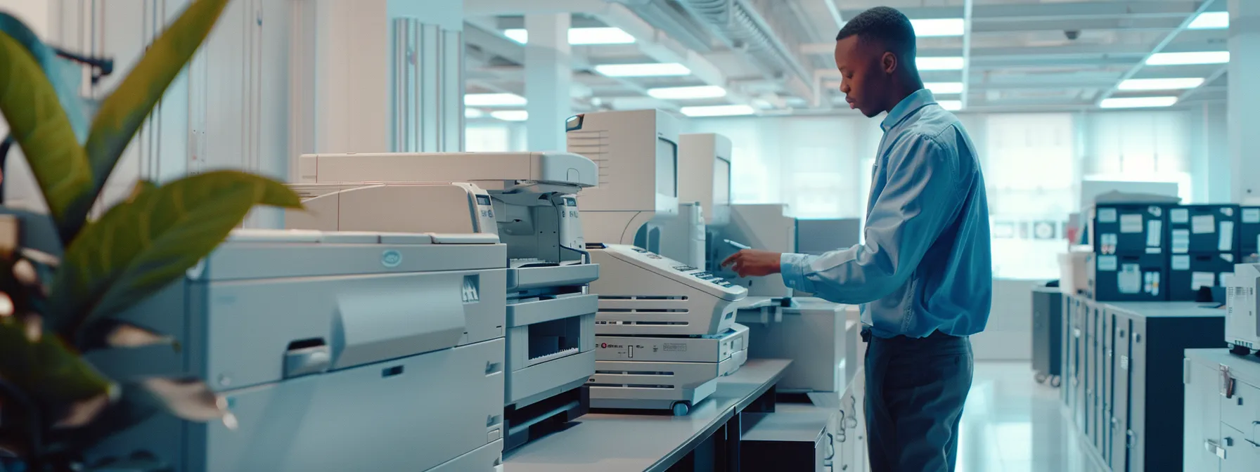 a technician conducting a thorough maintenance check on a sleek, modern copier machine in a bright, organized office setting.