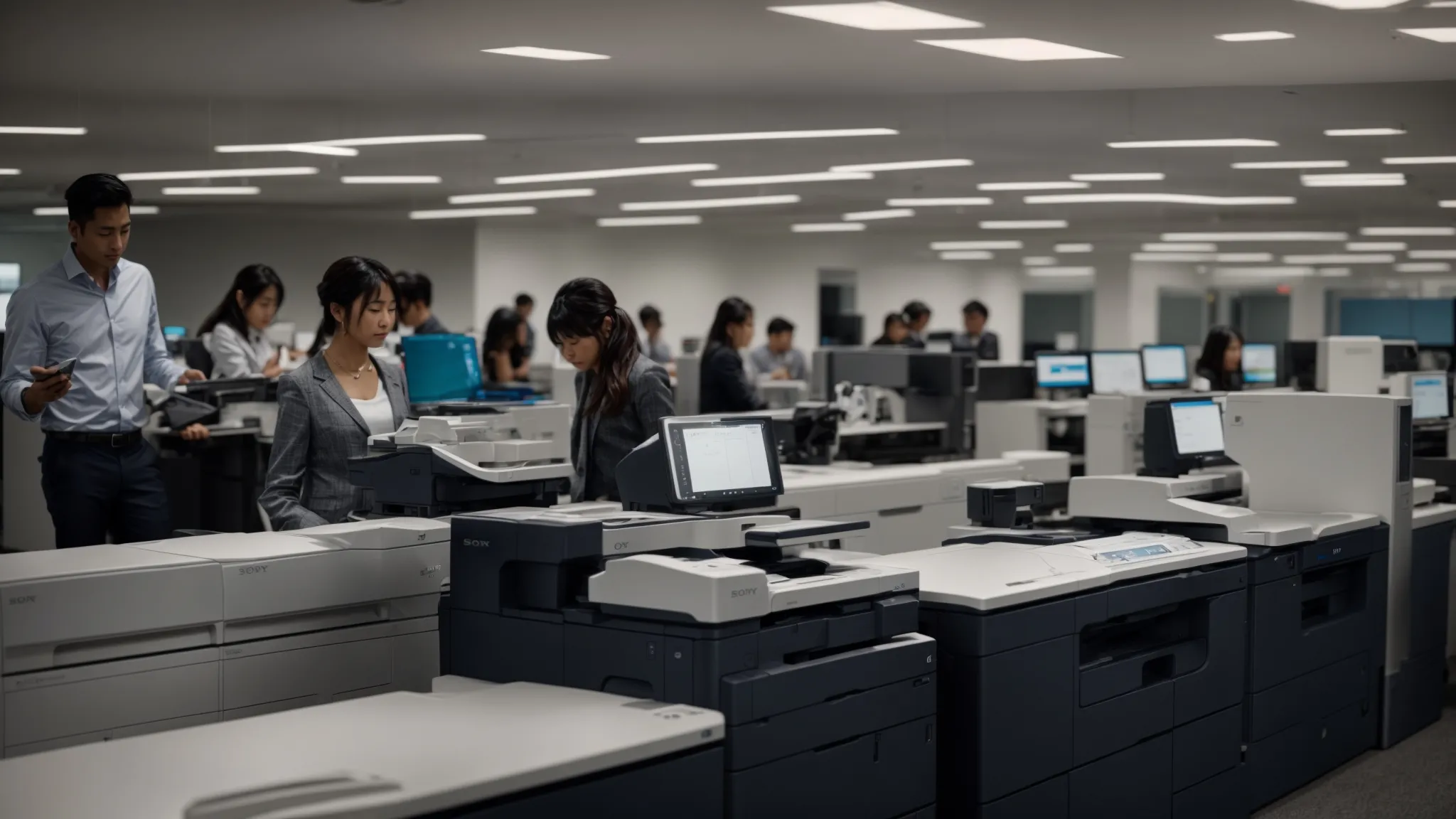 Enhance Your Ricoh Copier's Efficiency: Essential Maintenance Strategies 13 a bustling office with employees adjusting the settings on a sleek ricoh copier, utilizing duplex printing and energy-saving options to maximize efficiency.