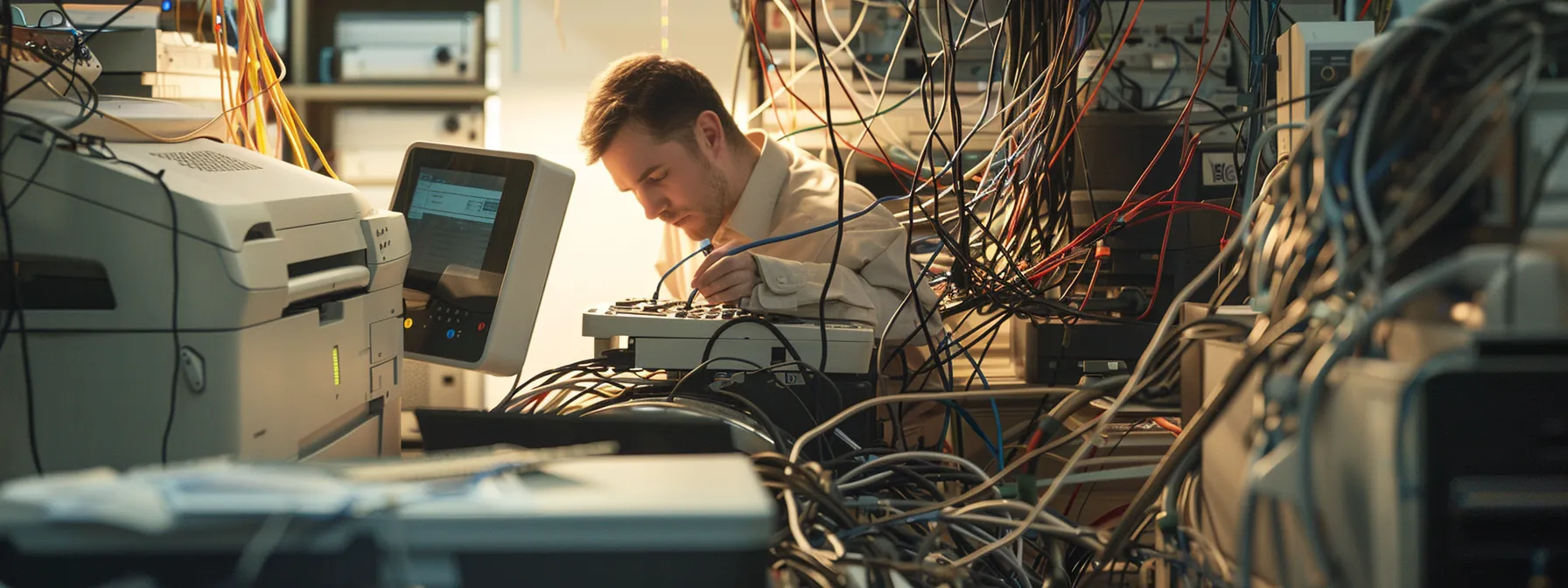 a technician troubleshoots a copier, surrounded by tangled network cables, outdated firmware discs, and a malfunctioning printer, symbolizing common connectivity issues in the office.