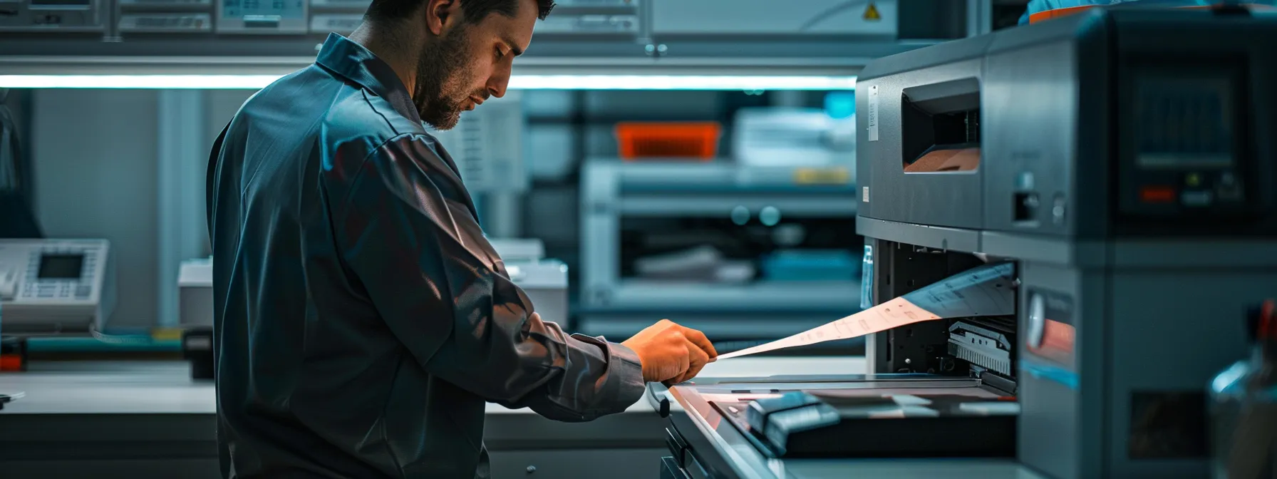 a technician clearing a print queue on a sleek, modern printer to resolve printing problems swiftly and efficiently.