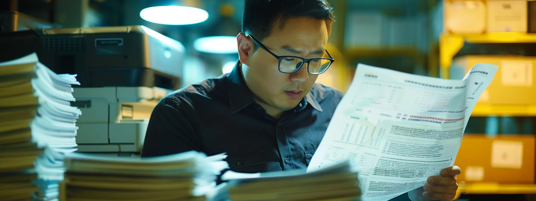 Maximizing Your Return on Investment With Managed Print Services 13 a business owner carefully examining detailed service agreements and cost breakdowns with a focused expression, surrounded by stacks of printed documents and a sleek printer in the background.