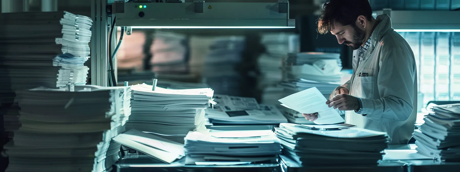 a technician carefully inspects a high-tech photocopier, surrounded by stacks of paperwork detailing warranty and insurance coverage.