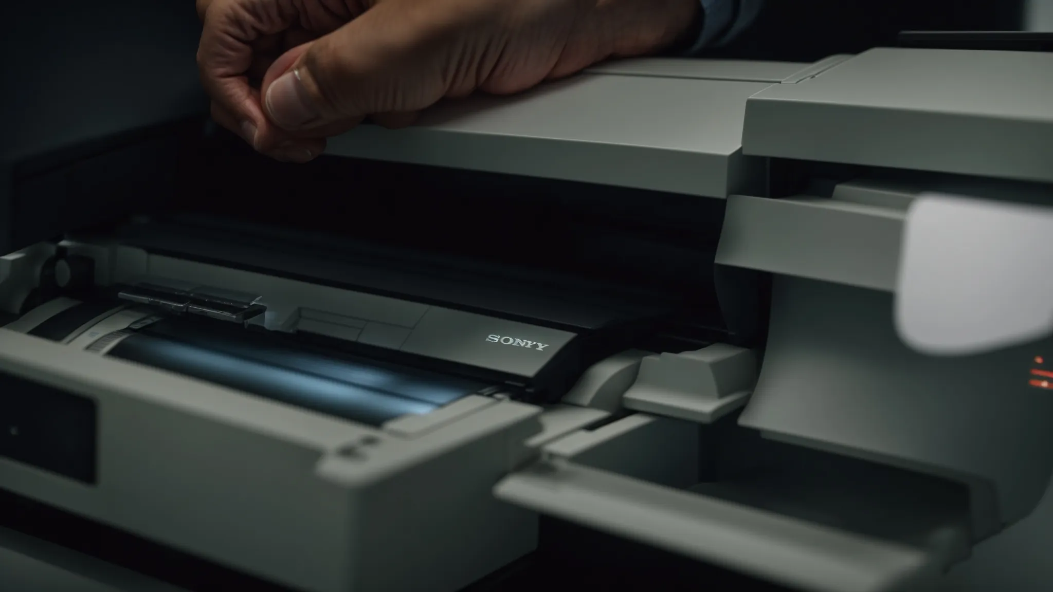 a technician fixing a photocopier machine with a stack of paper on one side and error messages displayed on the screen.