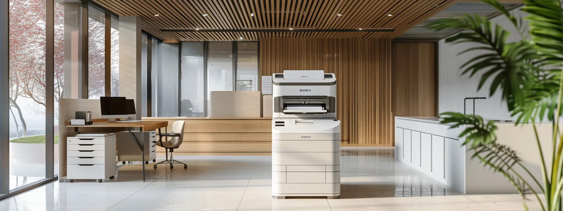 Maximizing Your Return on Investment With Managed Print Services 10 a sleek, modern office with a minimalistic, eco-friendly printing station showcasing efficient print management technologies.