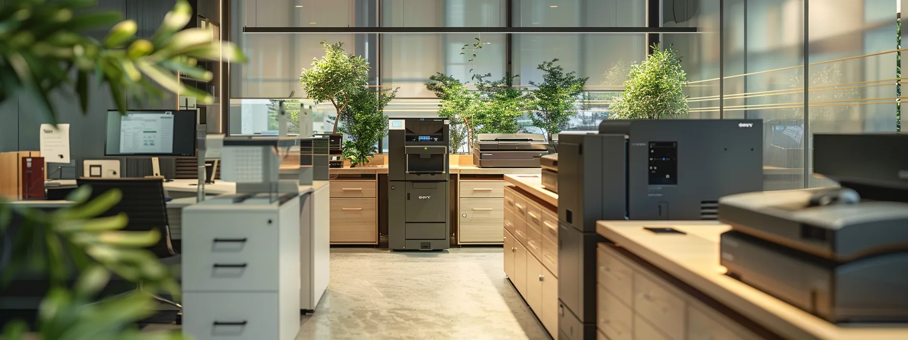 Maximize Savings With Strategic Managed Print Efficiencies 1 a modern office with sleek, high-tech printers seamlessly integrated with cloud storage and digitization tools, showcasing the efficiency and sustainability of managed print services.