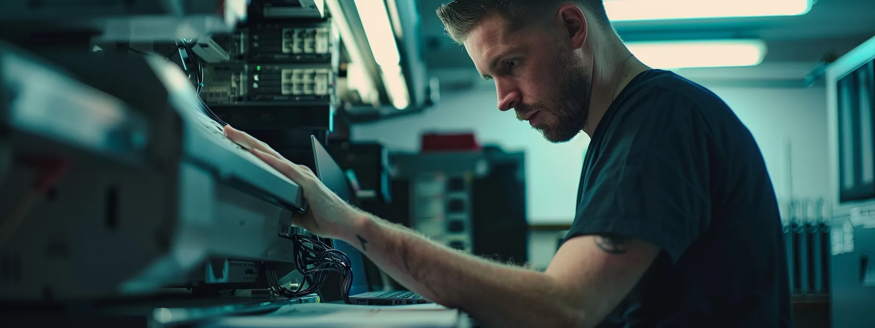 a technician carefully examining the network cables connected to a sharp copier, with a focused expression and a laptop open next to the machine, ensuring all settings are correct for troubleshooting.