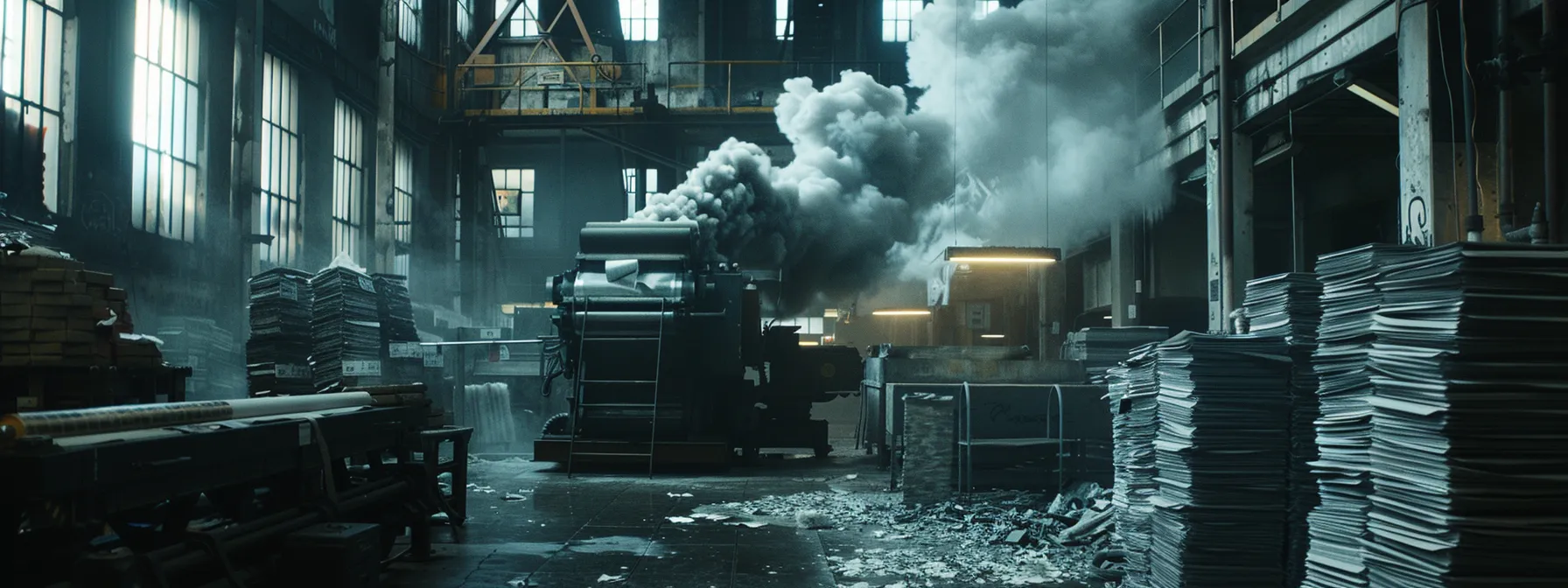 Enhancing Eco-Friendly Printing Through Managed Print Services 9 a large, industrial printing press emitting plumes of dark smoke, surrounded by stacks of paper waste and discarded ink cartridges in a dimly lit factory setting.