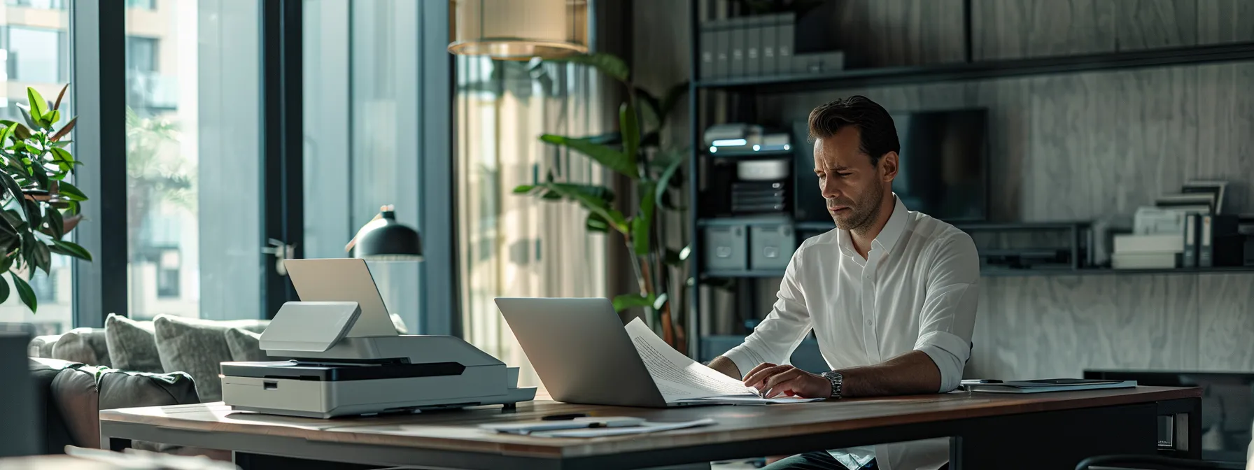 a professional looking over a contract with a laptop and printer in a sleek, modern office setting.