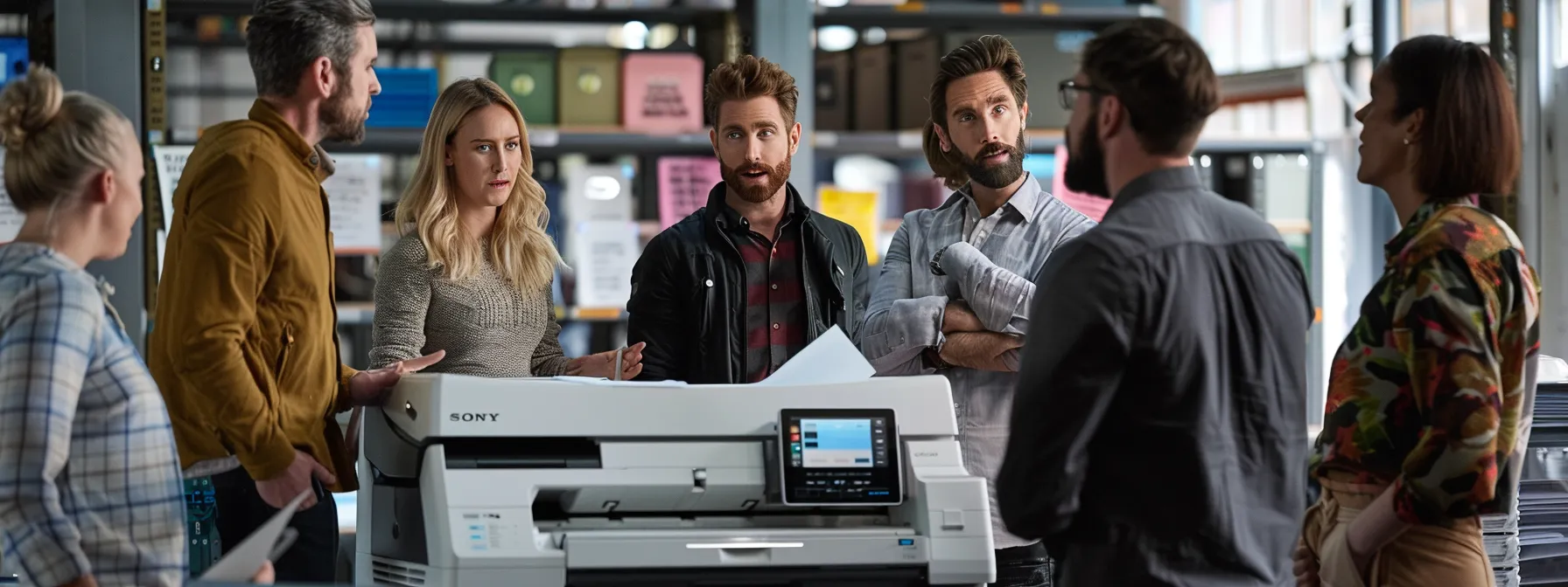 a group of employees gathered around a large printer, attentively listening to a trainer explaining troubleshooting steps, surrounded by user-friendly guides, a support hotline number, and posters promoting reporting of print issues.