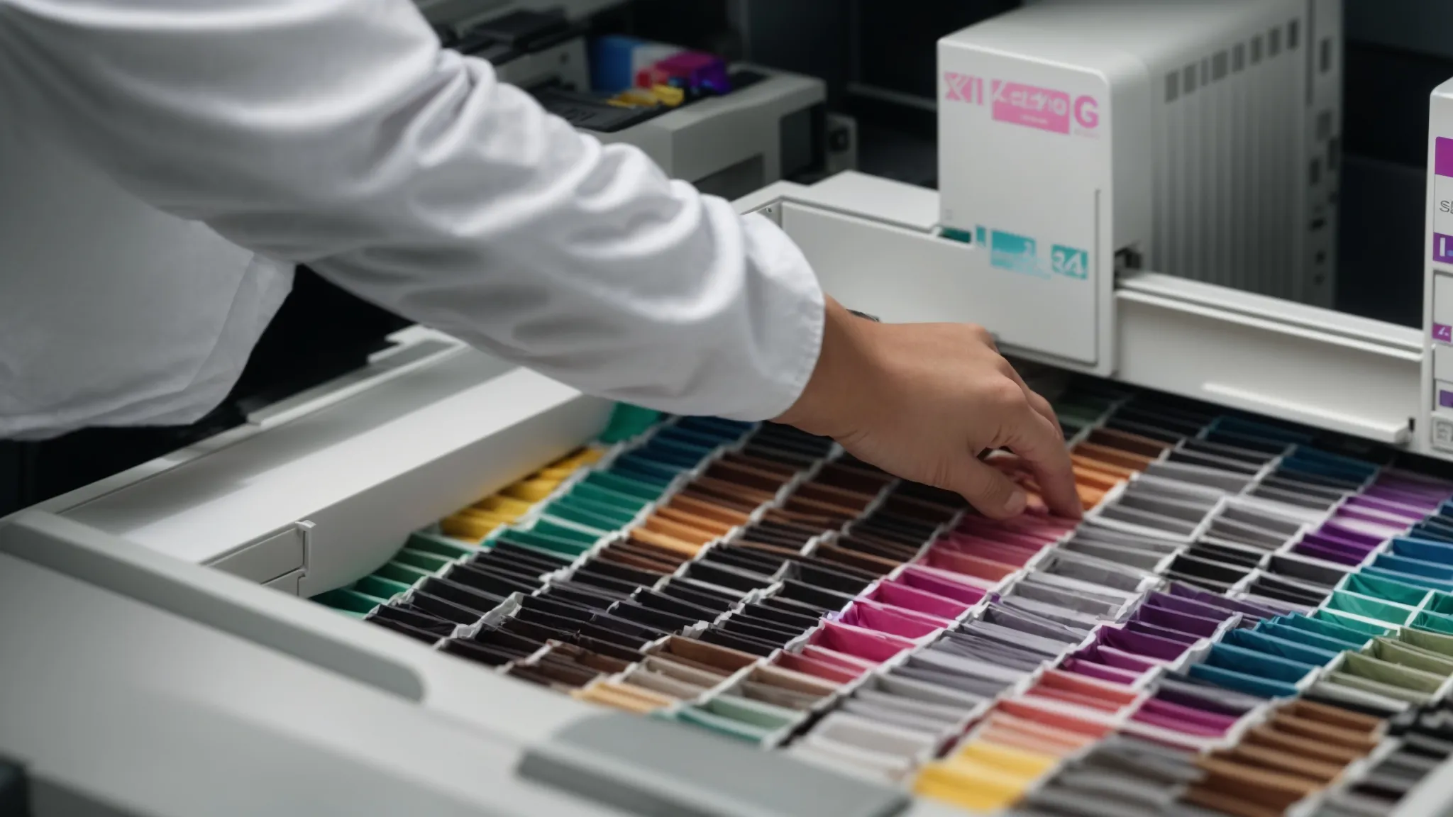 a technician carefully removes crumpled paper from a canon photocopier, surrounded by colorful ink cartridges and a stack of neatly aligned paper trays.