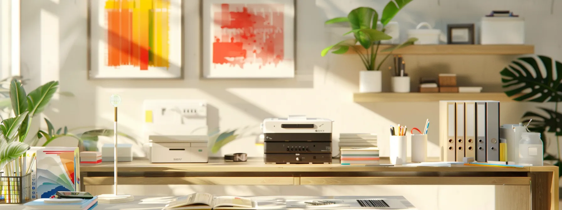 Enhancing Eco-Friendly Printing Through Managed Print Services 13 a vibrant assortment of eco-conscious inks, recycled paper products, and sustainable printing supplies neatly displayed on a modern desk, showcasing a commitment to adopting sustainable printing materials and supplies.