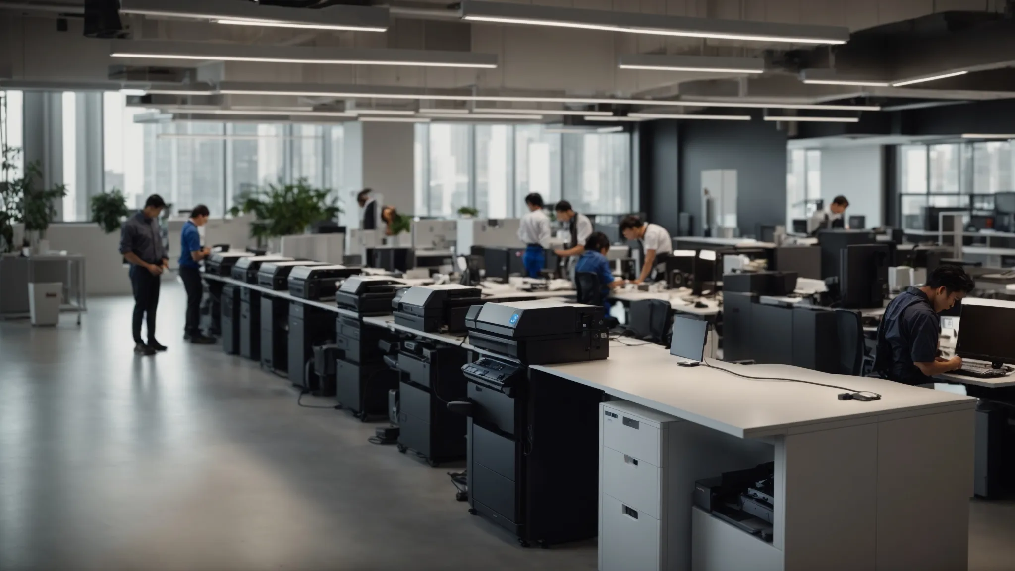 Optimize Your Office Efficiency With Flat Rate Photocopier Repair Services 13 a busy office space with a sleek, modern photocopier being serviced by a professional technician, surrounded by attentive employees taking notes and observing the maintenance process.