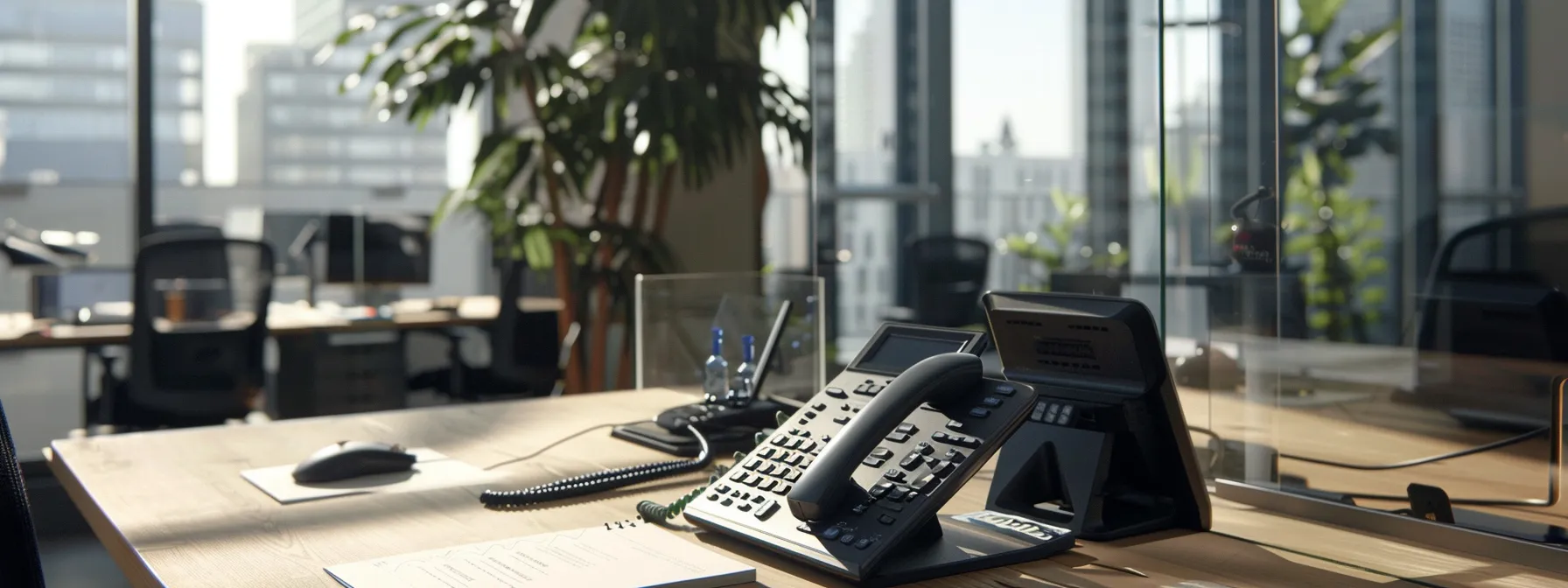 a sleek, modern voip phone system with multiple lines and advanced features in a bustling office setting.