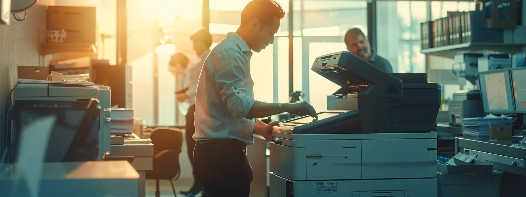 a technician performing routine maintenance on a sturdy, high-quality commercial photocopier in a well-lit office setting, surrounded by attentive staff members observing and learning proper equipment use techniques.