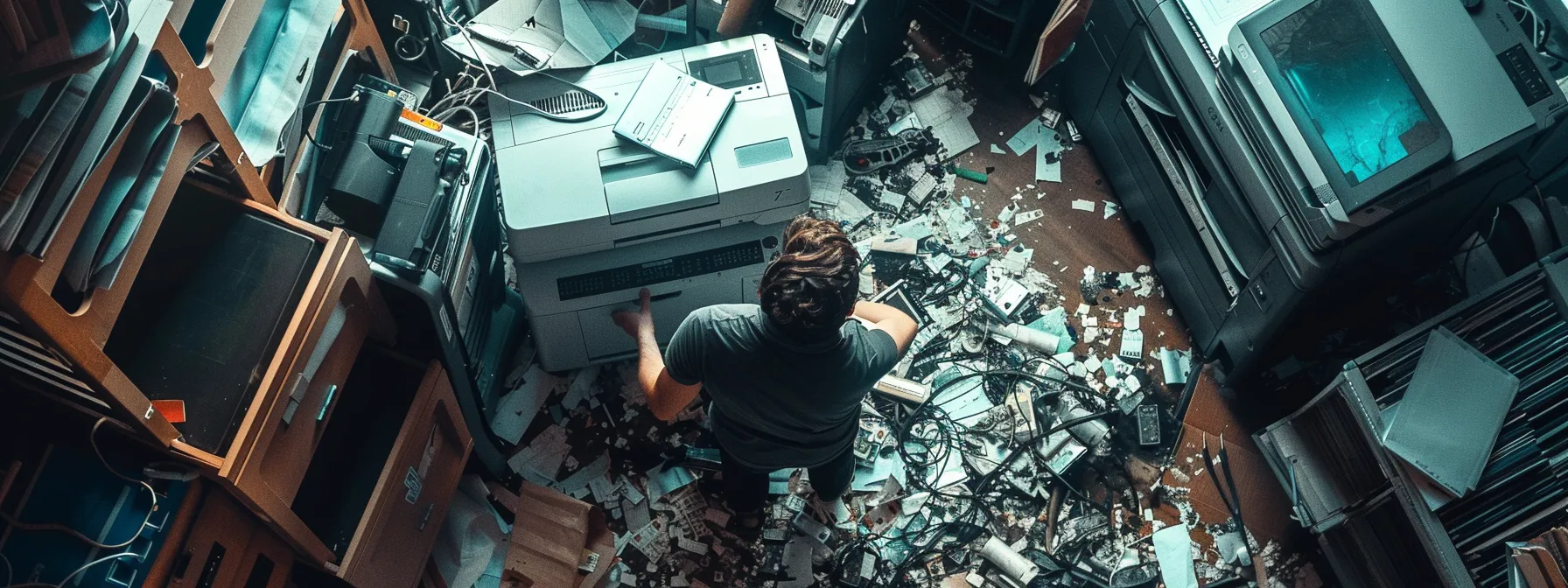 a photo of a broken photocopier surrounded by scattered toner cartridges, tools, and a technician assessing the damage, illustrating the high costs and complexity of repairs.
