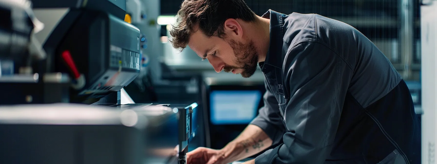 a professional technician inspecting a photocopier under a warranty agreement, emphasizing cost-saving and comprehensive support.