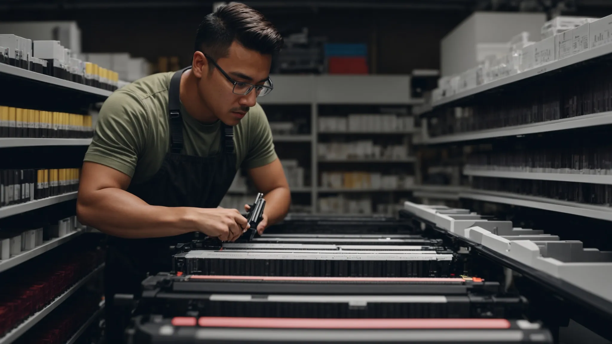a technician surrounded by shelves of toner cartridges and repair tools, meticulously inspecting a photocopier machine in a well-lit workshop.