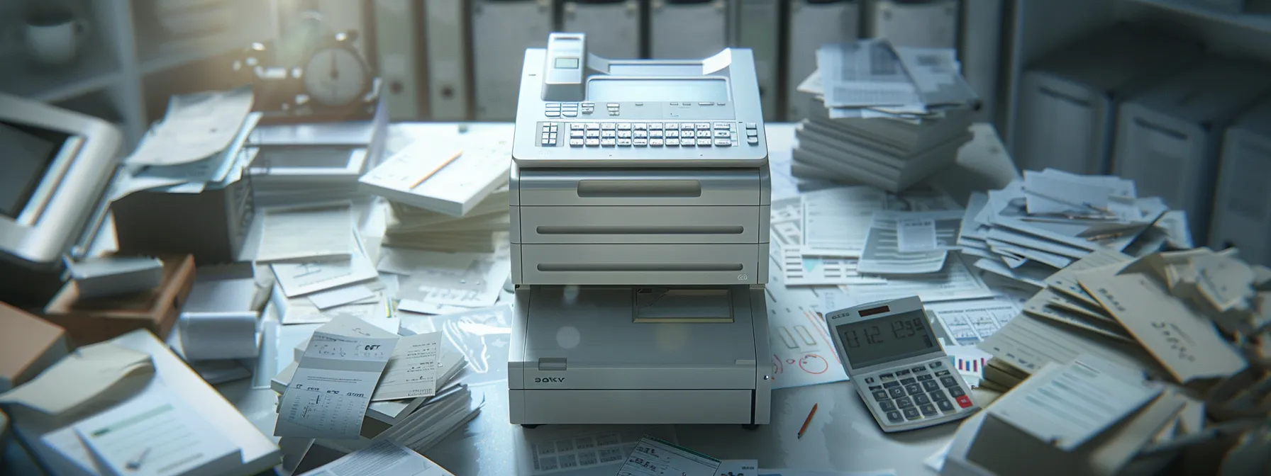 a sleek, modern photocopier surrounded by a calculator, price tags, and productivity charts, representing the decision-making process between repair and replacement options.