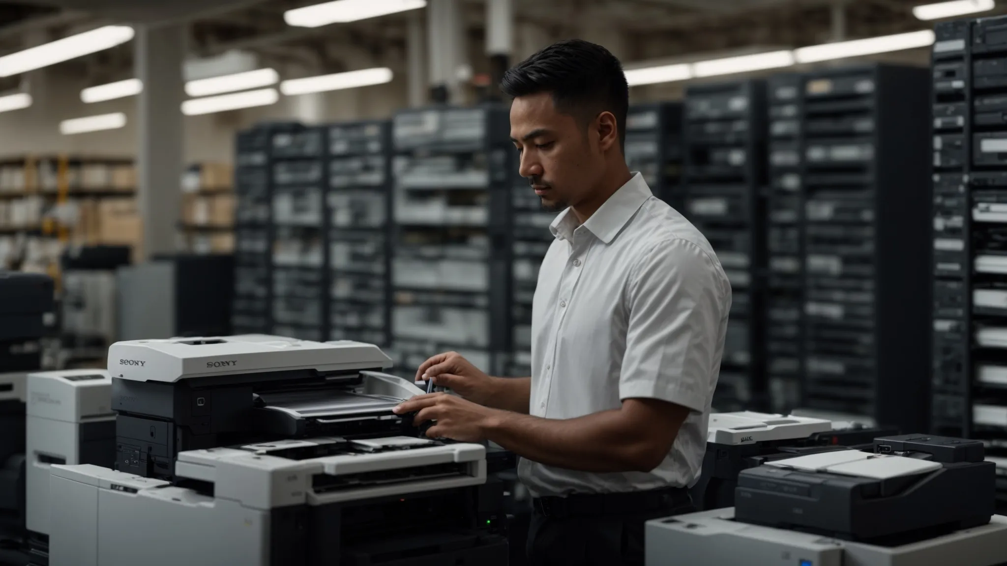 Comprehensive Guide to Photocopier Repair Service Costs 10 a technician surrounded by various photocopier models, some sleek and modern, others older and worn, with shelves of replacement components in the background, showcasing the diverse factors influencing repair costs.