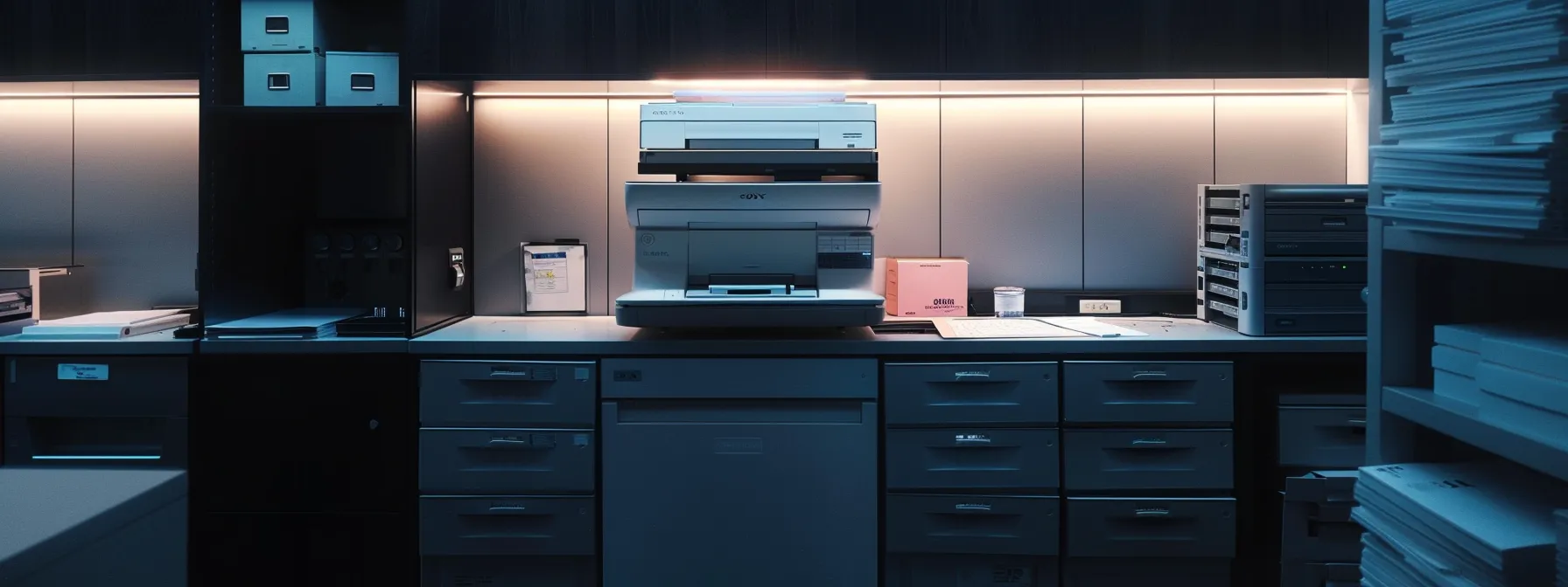 a sleek, modern photocopier with perfectly aligned paper trays, spotless components, and vibrant paper types, showcasing best practices for preventing paper jams.