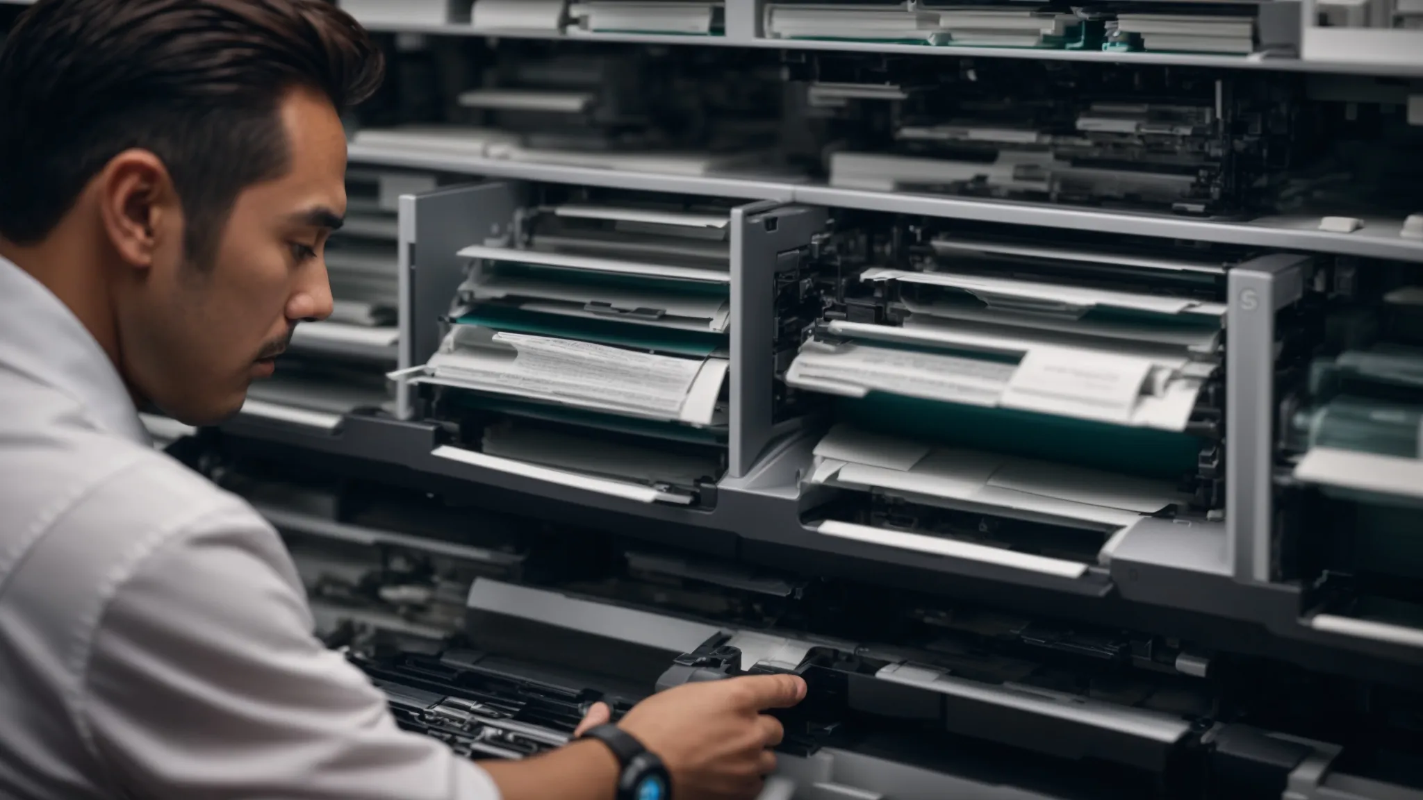 Kyocera Photocopier Repair Manual: A Comprehensive Guide 12 a technician surrounded by official kyocera repair manuals, genuine replacement parts, and online support forums, ensuring efficient photocopier maintenance.