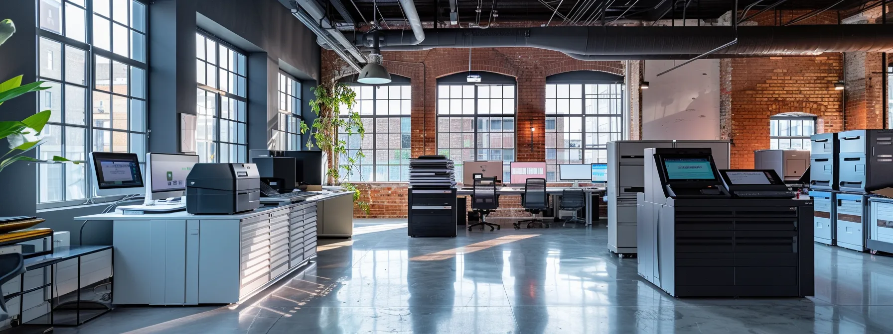a sleek, modern office space with efficient printing equipment and organized workflow processes, showcasing the impact of managed print services on cost efficiency.