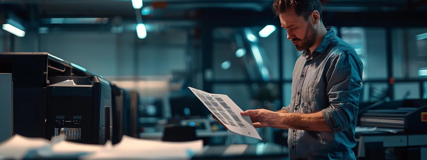 a man carefully comparing detailed cost breakdowns of managed print services against a backdrop of sleek, modern printing equipment.