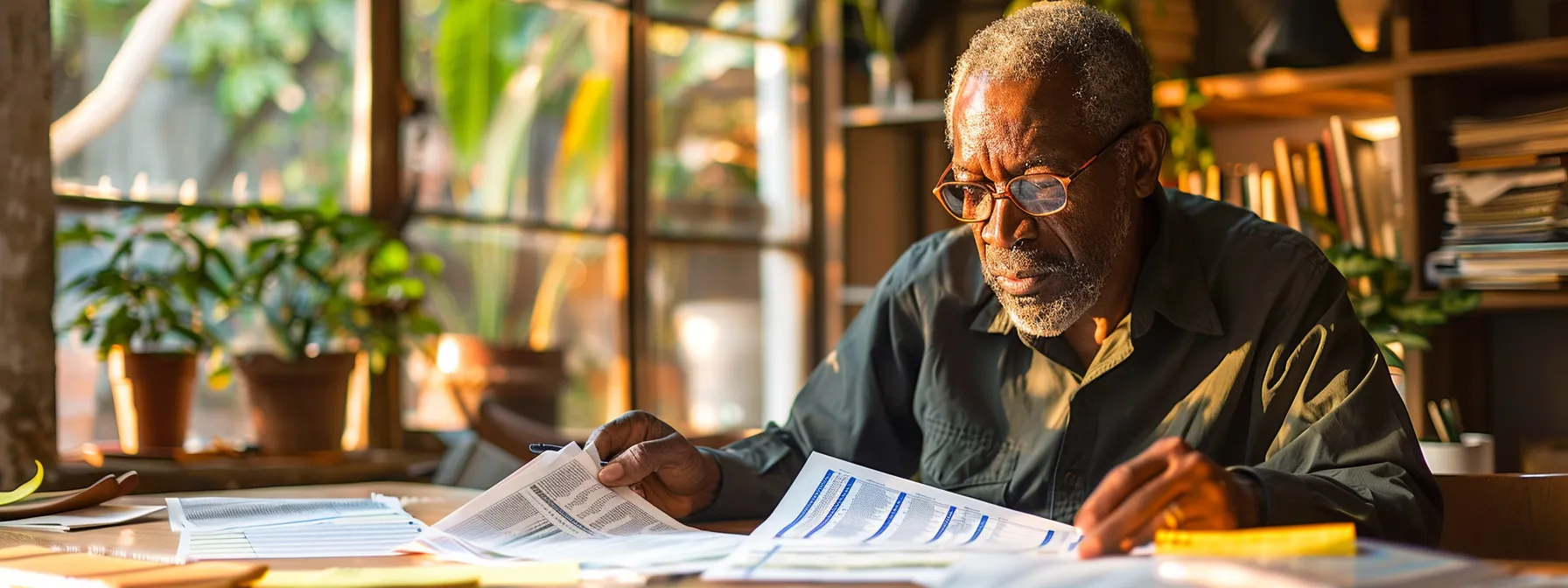 a small business owner studying a detailed financial spreadsheet with a focused expression, surrounded by charts and graphs illustrating cost comparisons.