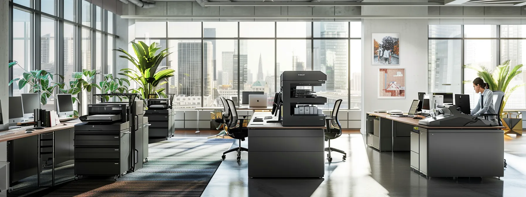 Maximize Savings With Strategic Managed Print Efficiencies 5 a sleek, modern office with a team of professionals collaborating with a managed print service provider, surrounded by state-of-the-art printing equipment and streamlined processes.