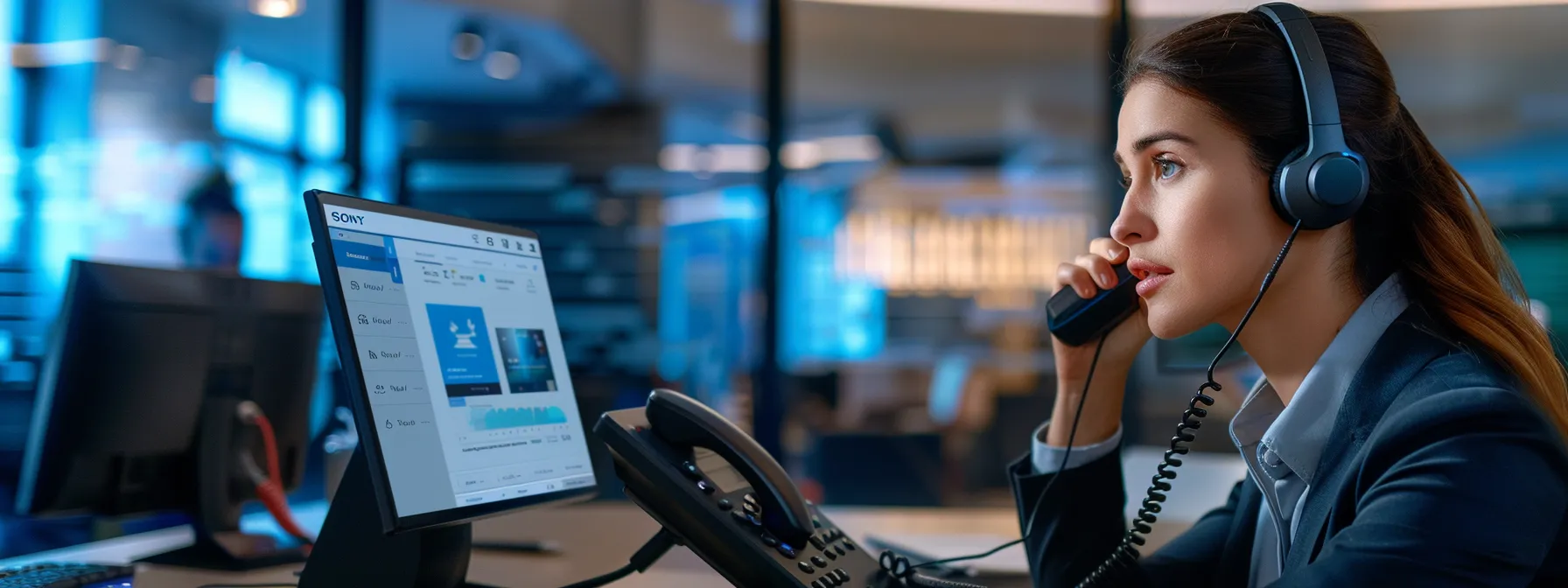 Choosing the Right Cloud-Based Phone System for Your Small Business 14 a small business owner examining a sleek, modern cloud-based phone system with user-friendly interface and advanced communication features.