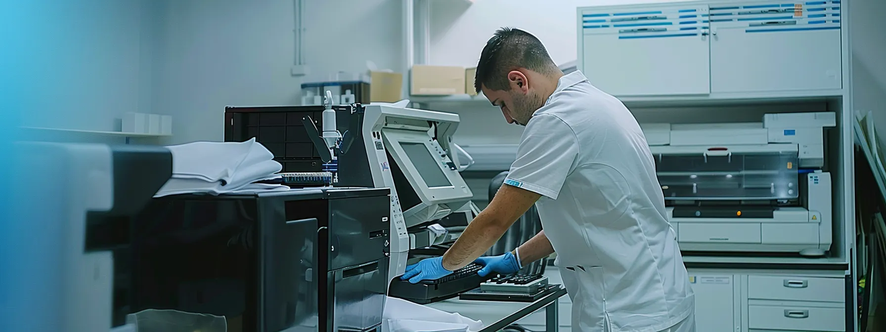 a skilled technician efficiently repairing a copier in a clean, organized office setting.