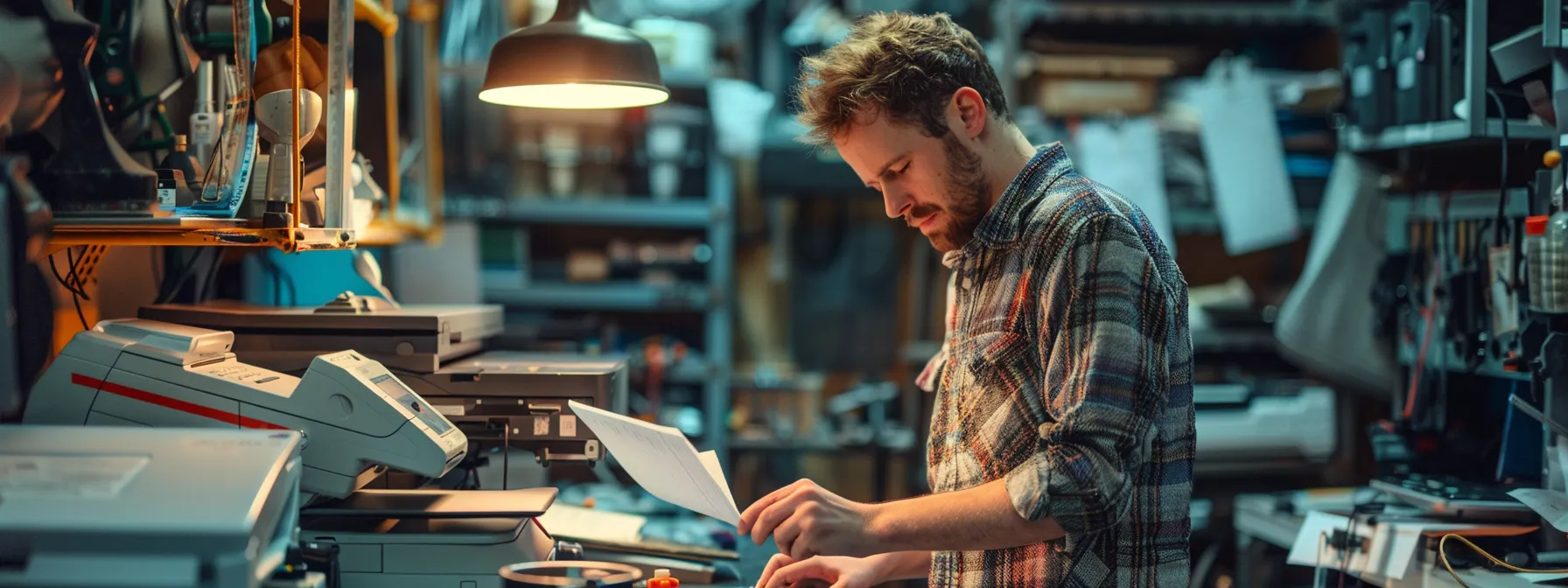 a technician inspecting a photocopier, surrounded by tools and equipment, while taking detailed notes for an accurate repair estimate.