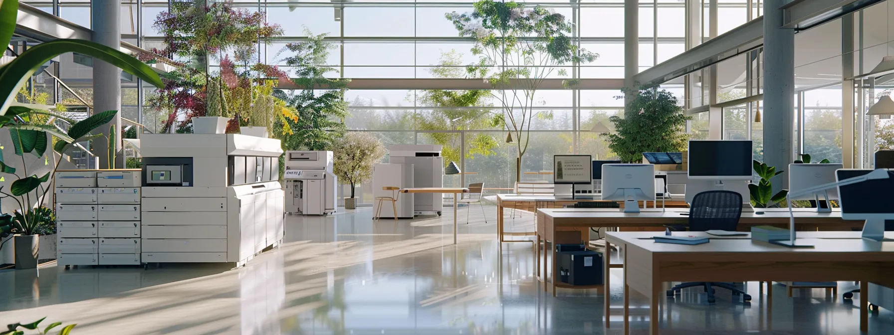 Maximizing Your Return on Investment With Managed Print Services 9 a modern office with efficient, automated printing processes and a team of professionals managing workflow to maximize profitability and sustainability.