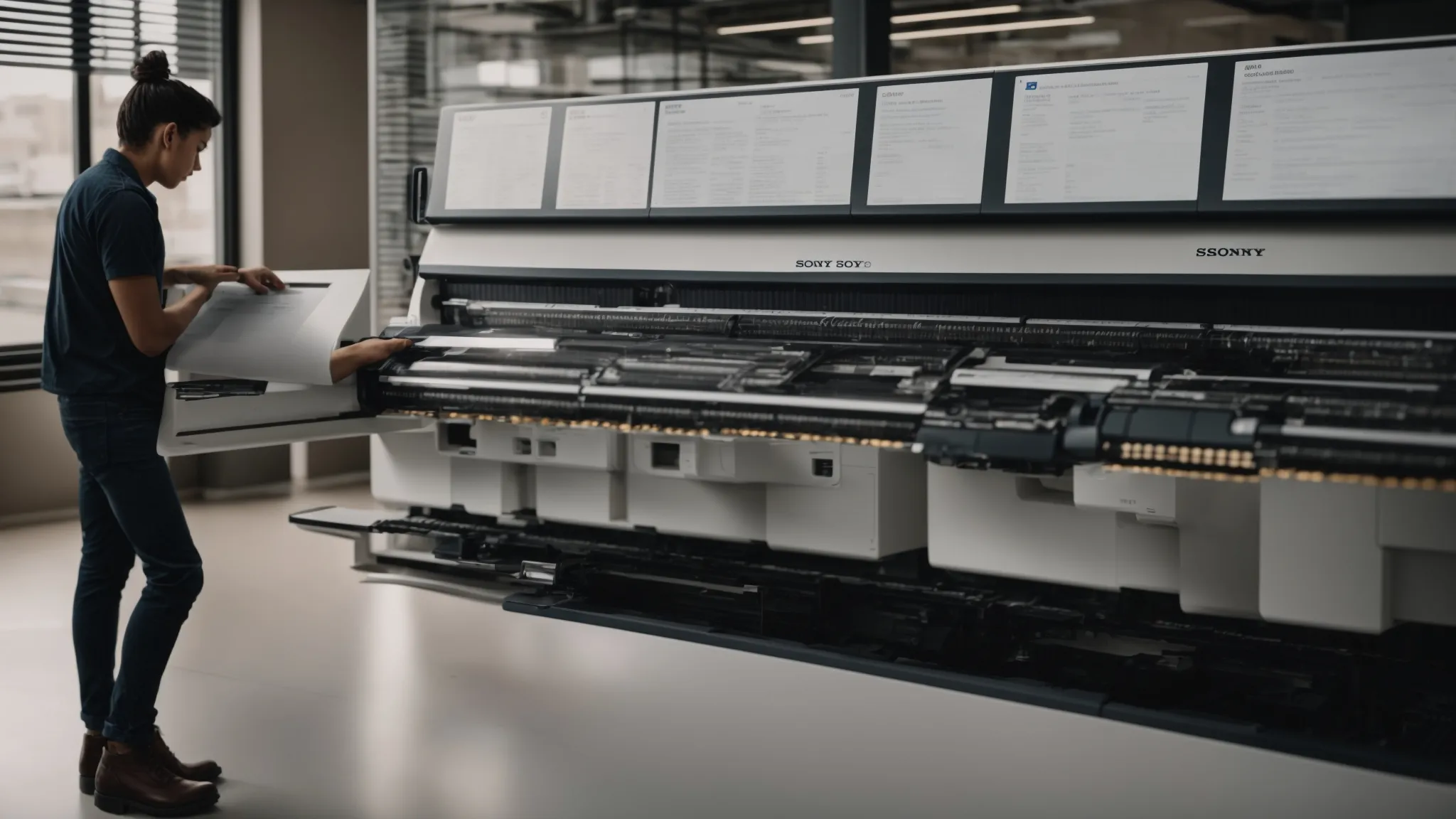 a person carefully comparing photocopier repair quotes on a neatly organized comparison chart, surrounded by customer testimonials and reviews for added insight.