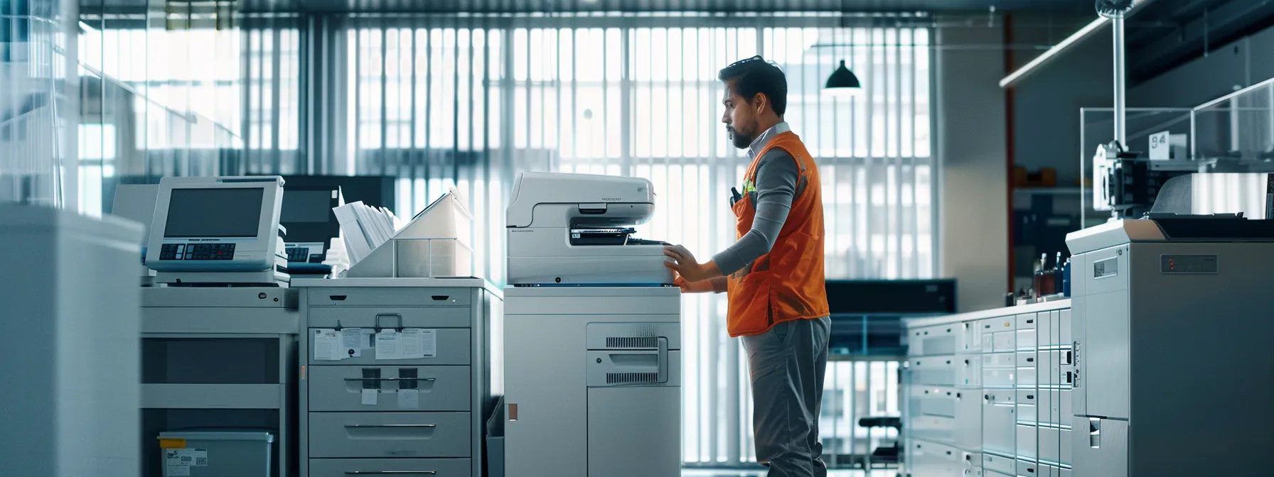 a technician carefully inspecting a well-maintained and upgraded photocopier in a bright, modern office setting.
