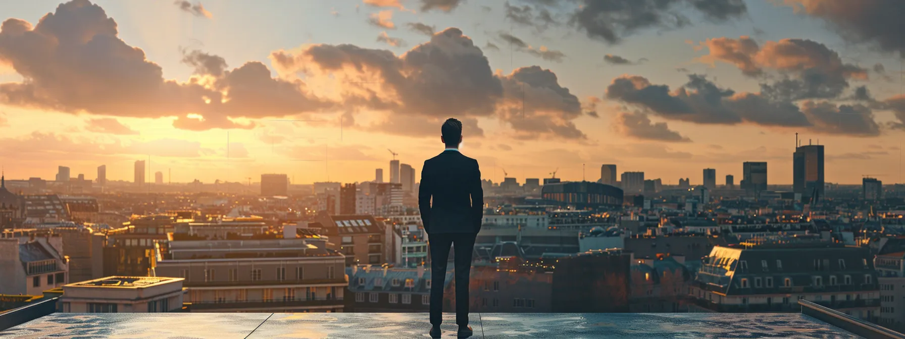 a businessman standing on a modern rooftop terrace overlooking a city skyline, with futuristic cloud-shaped buildings in the distance, symbolizing readiness for the future of cloud managed it services.