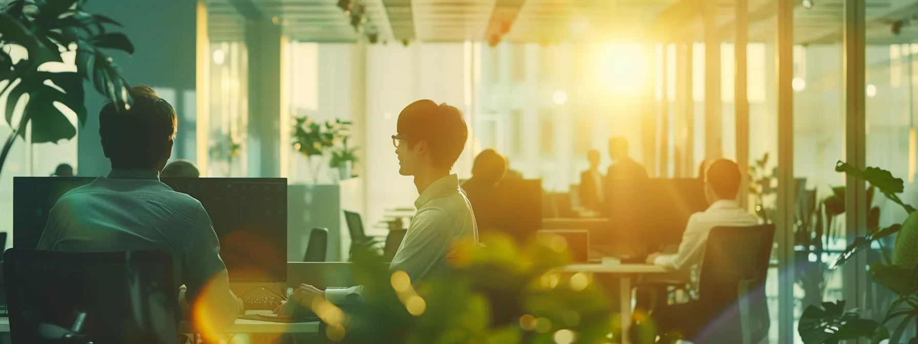 a bustling office environment with employees effortlessly collaborating in a modern, streamlined workspace powered by cutting-edge cloud technology.