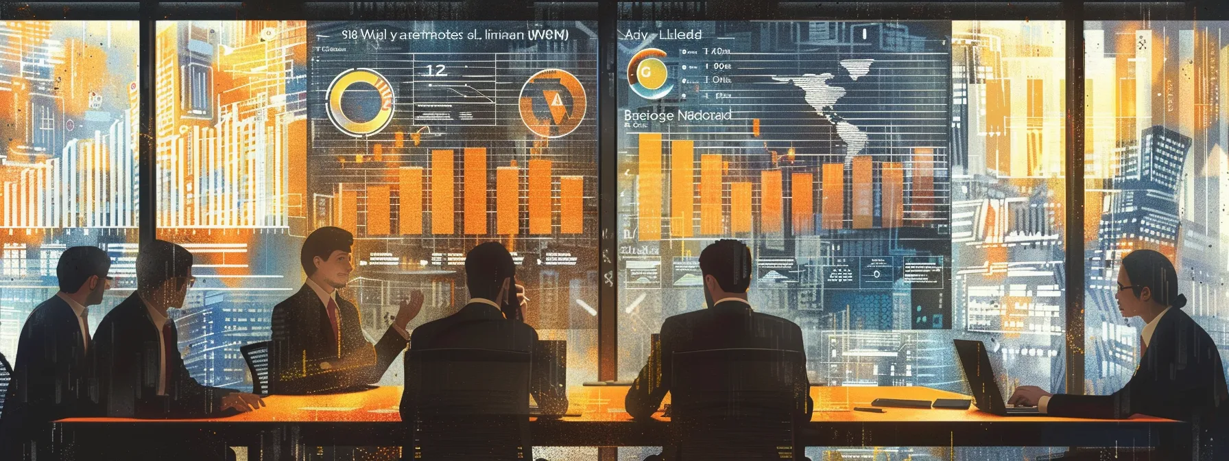a professional team analyzing various cloud managed it service providers in a high-tech conference room filled with large screens displaying intricate data charts and graphs.