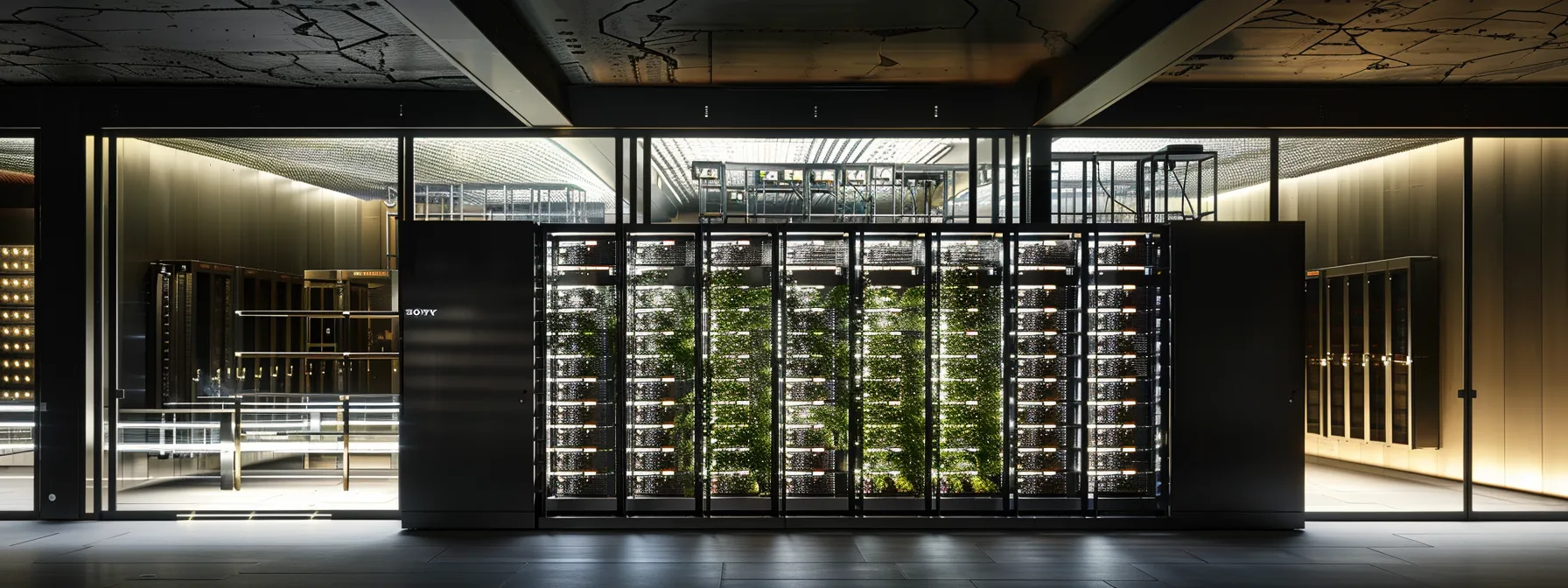 a sleek, futuristic data center with a network of servers glowing in the dimly lit room, symbolizing the power and potential of cloud managed it services for business optimization.