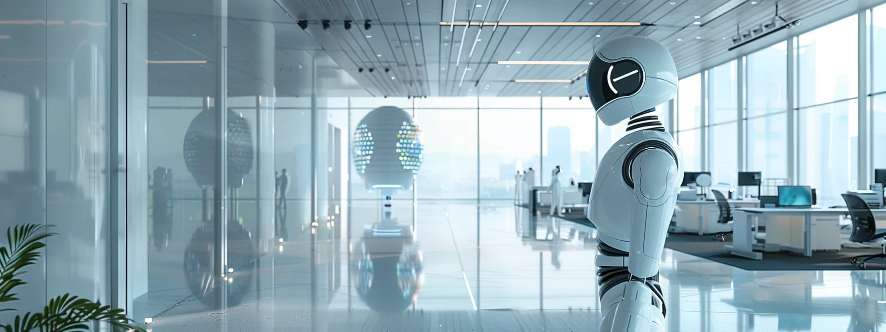 a sleek, futuristic office space with advanced robotic automation systems and cutting-edge identity management technology in action, enhancing efficiency and security for a thriving business.